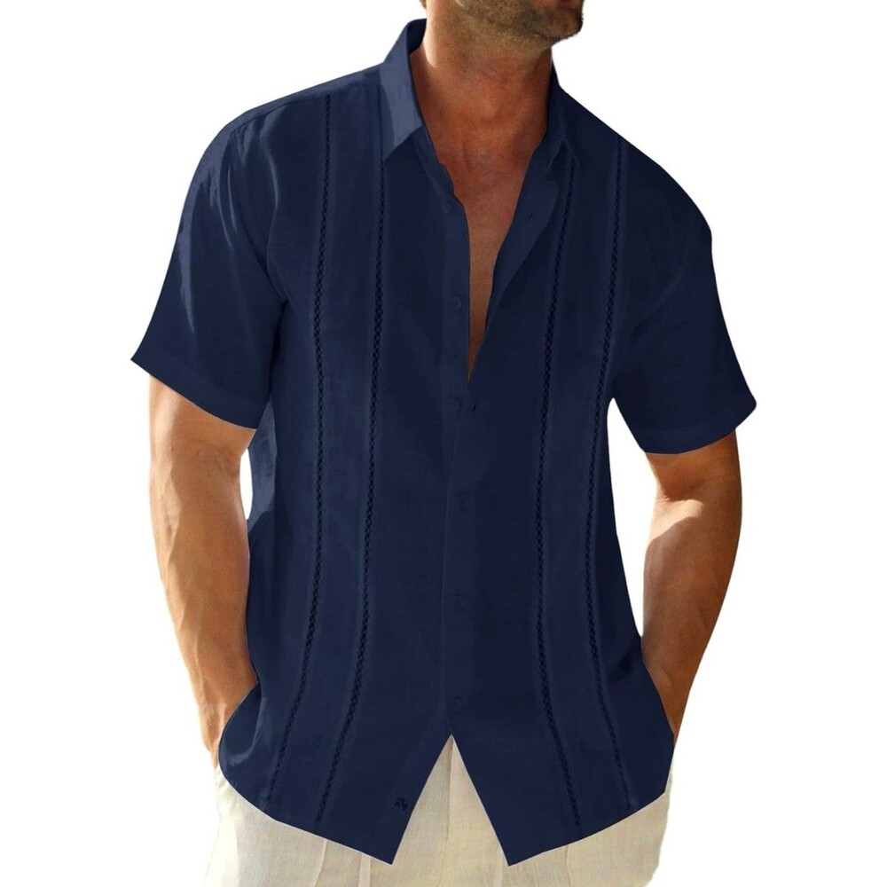 Unbranded Men's Navy Linen Cotton Blend Short Sleeve Button Down Collar Shirt L